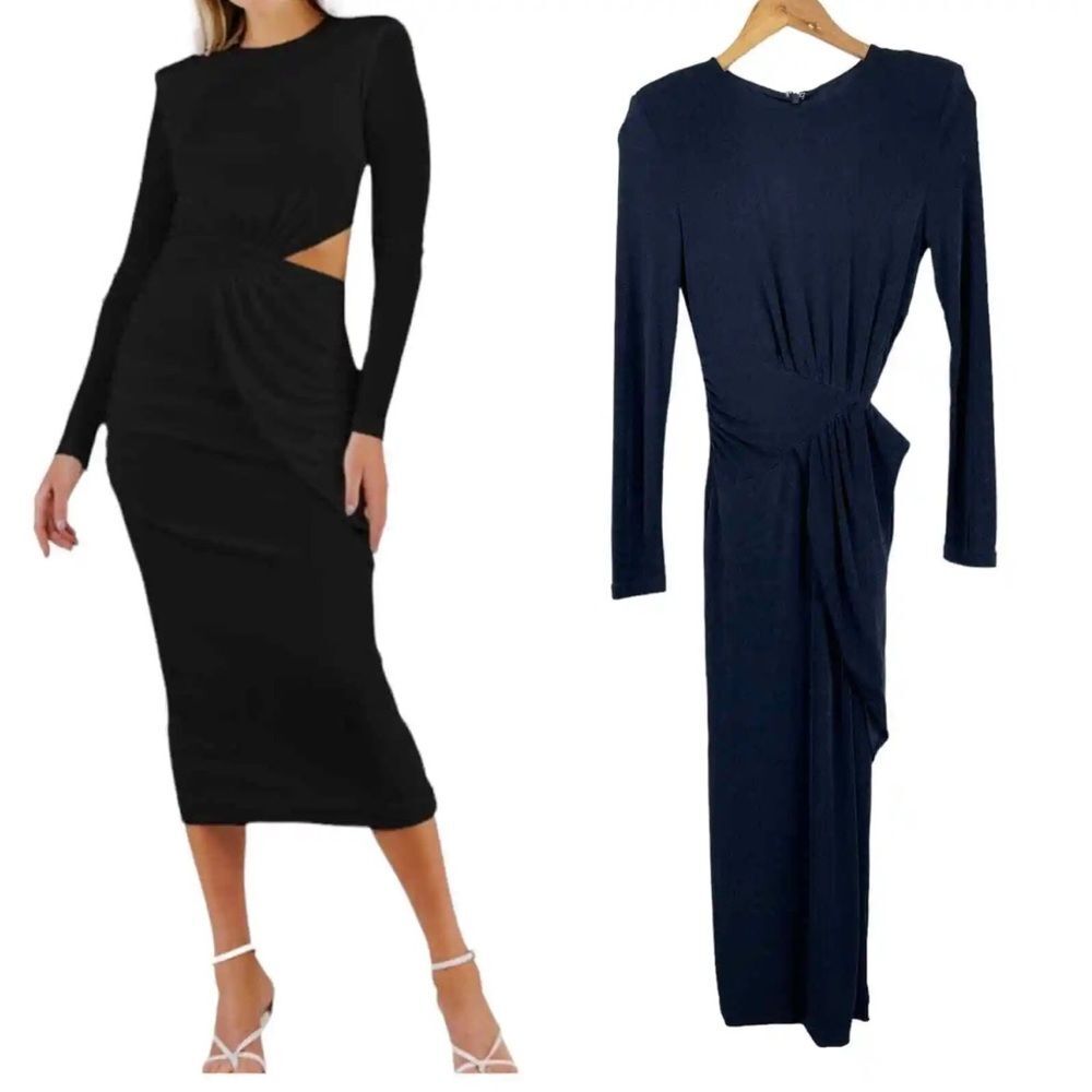 NWOT Misha | Vina Women's 4 Blue Jersey Long Sleeve‎ Cutout Midi Cocktail Dress